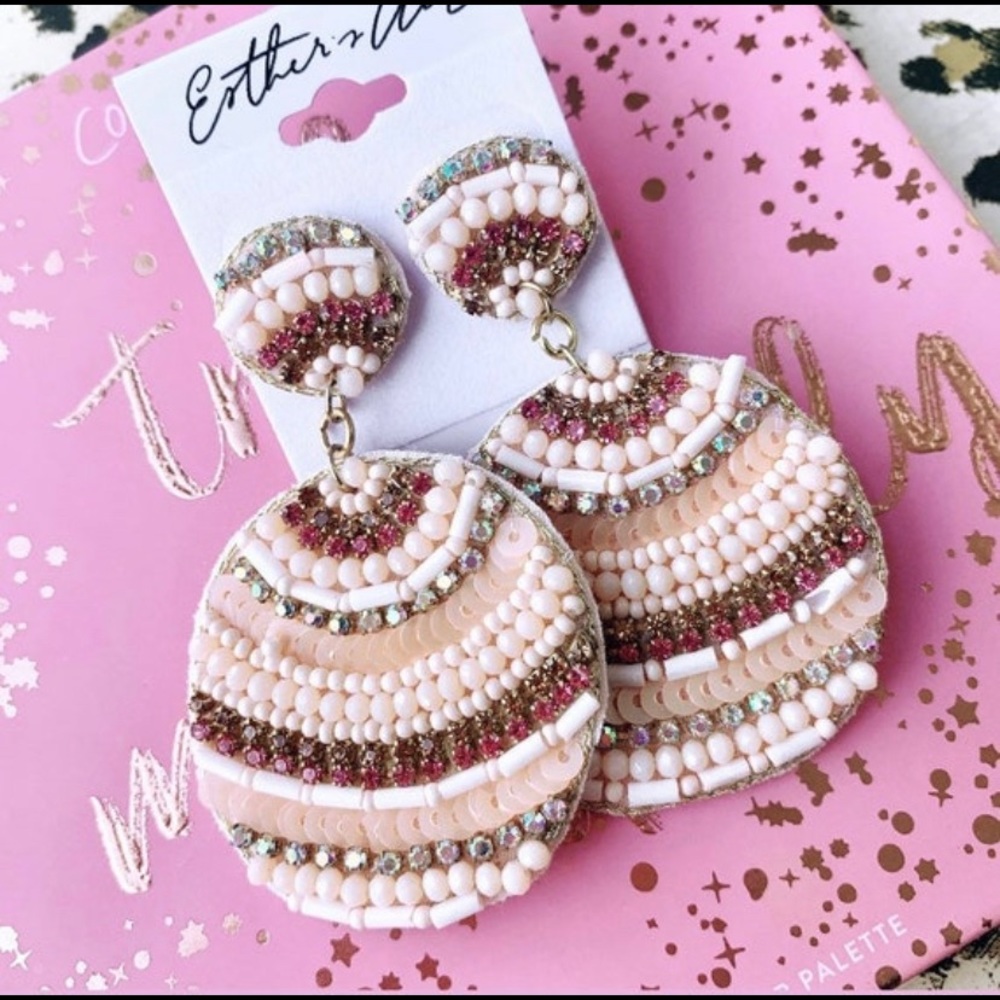 Coral Pink Sequin Seed Beaded Lightweight Felt Back  Statement Earrings Boho